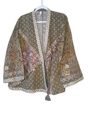 Boho Floral Kimono Wrap Jacket Embroidered Embellished Artsy Festival
